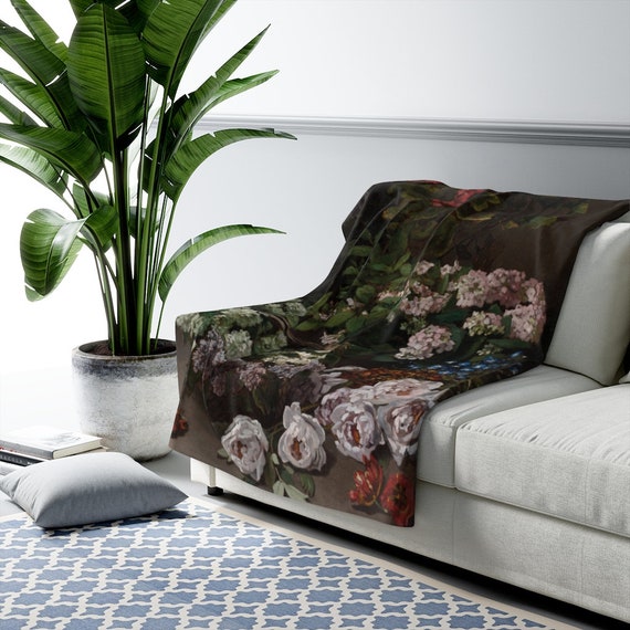 Black Sherpa Blanket, Monet Blanket, Claude Monet Gift, Black Throw Blanket, Floral Sherpa Blanket, Floral Blanket, Monet Flowers