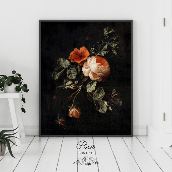 Rose Painting, Gothic Flower, Rose Print, Vintage Botanical, Gothic Wall Art, Black Flower, Botanical Print, Rose Poster, Vintage Rose