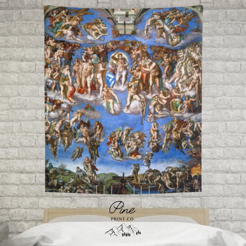 May include: A tapestry featuring a vibrant depiction of the Last Judgement, a famous fresco by Michelangelo. The artwork showcases a multitude of figures in a dramatic composition, with God at the center, surrounded by angels and saints. The tapestry is a beautiful and intricate representation of this iconic masterpiece.