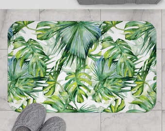 Green Bath Mat, Tropical Bath Mat, Non Slip Green Mat, Monstera Decor, Plant Bathroom, Green Bathroom, Watercolor Plant, Tropical Bathroom