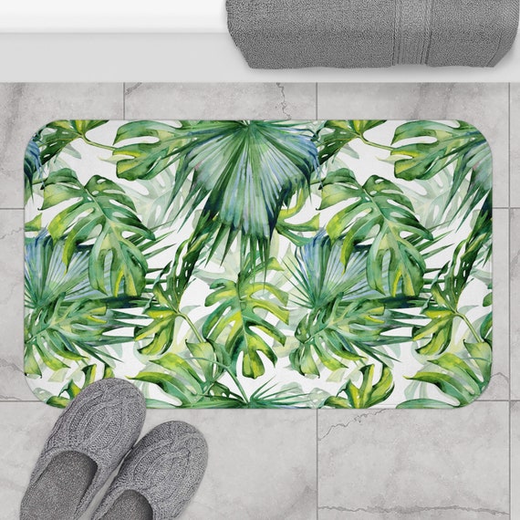 Green Bath Mat, Tropical Bath Mat, Non Slip Green Mat, Monstera Decor, Plant Bathroom, Green Bathroom, Watercolor Plant, Tropical Bathroom
