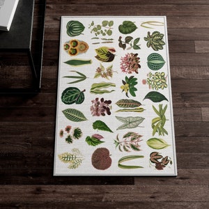 May include: A white rug with a botanical print featuring various green leaves and flowers. The rug is decorated with a variety of plant species, including ferns, palms, and flowering plants.