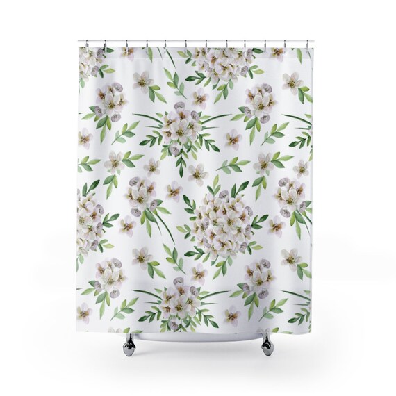 White Shower Curtain, Nature Shower Curtain, Flower Bathroom, Botanical Bathroom, Plant Shower Curtain, Boho Shower Curtain, White Bathroom