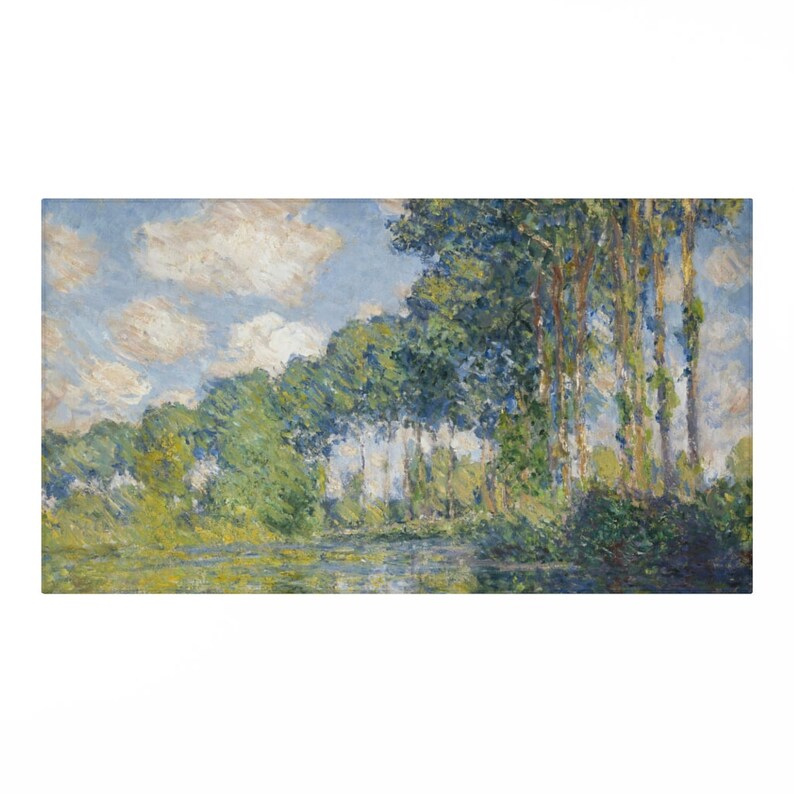 May include: A painting of a river scene with a line of trees along the bank. The sky is blue with white clouds. The water is a light blue-green color. The trees are a mix of green and brown.