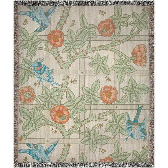 William Morris, Woven Blanket, Bird Blanket, Vintage Blanket, Botanical Blanket, Vintage Botanical, Bird Lover Gift, Bird Bedding
