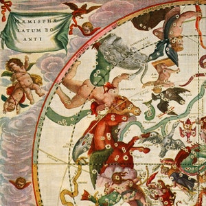May include: A vintage celestial chart depicting constellations in the Southern Hemisphere. The chart features detailed illustrations of the constellations, including Aquarius, Capricornus, Sagittarius, and Pisces. The chart is printed on paper with a cream background and includes Latin text.