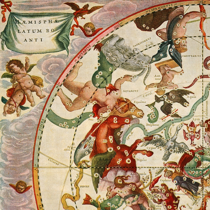 May include: A vintage celestial chart depicting constellations in the Southern Hemisphere. The chart features detailed illustrations of the constellations, including Aquarius, Capricornus, Sagittarius, and Pisces. The chart is printed on paper with a cream background and includes Latin text.