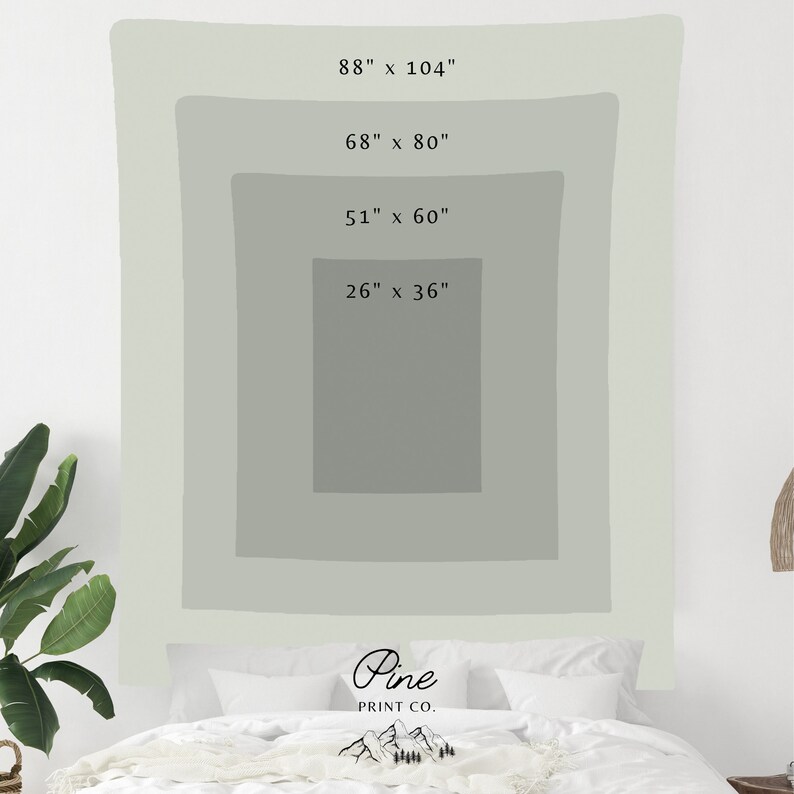 May include: A green tapestry with four different size options displayed on a bed. The tapestry has a light green background with darker green squares showing the different sizes. The text on the tapestry reads "88" x 104", "68" x 80", "51" x 60", and "26" x 36". The text "Pine Print Co." is displayed at the bottom of the tapestry.