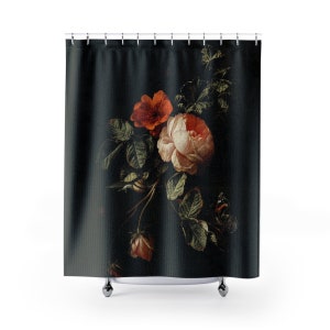 Black Shower Curtain, Floral Shower Curtain, Renaissance Decor, Butterfly Painting, Black Bathroom Decor, Vintage Painting, Floral Painting