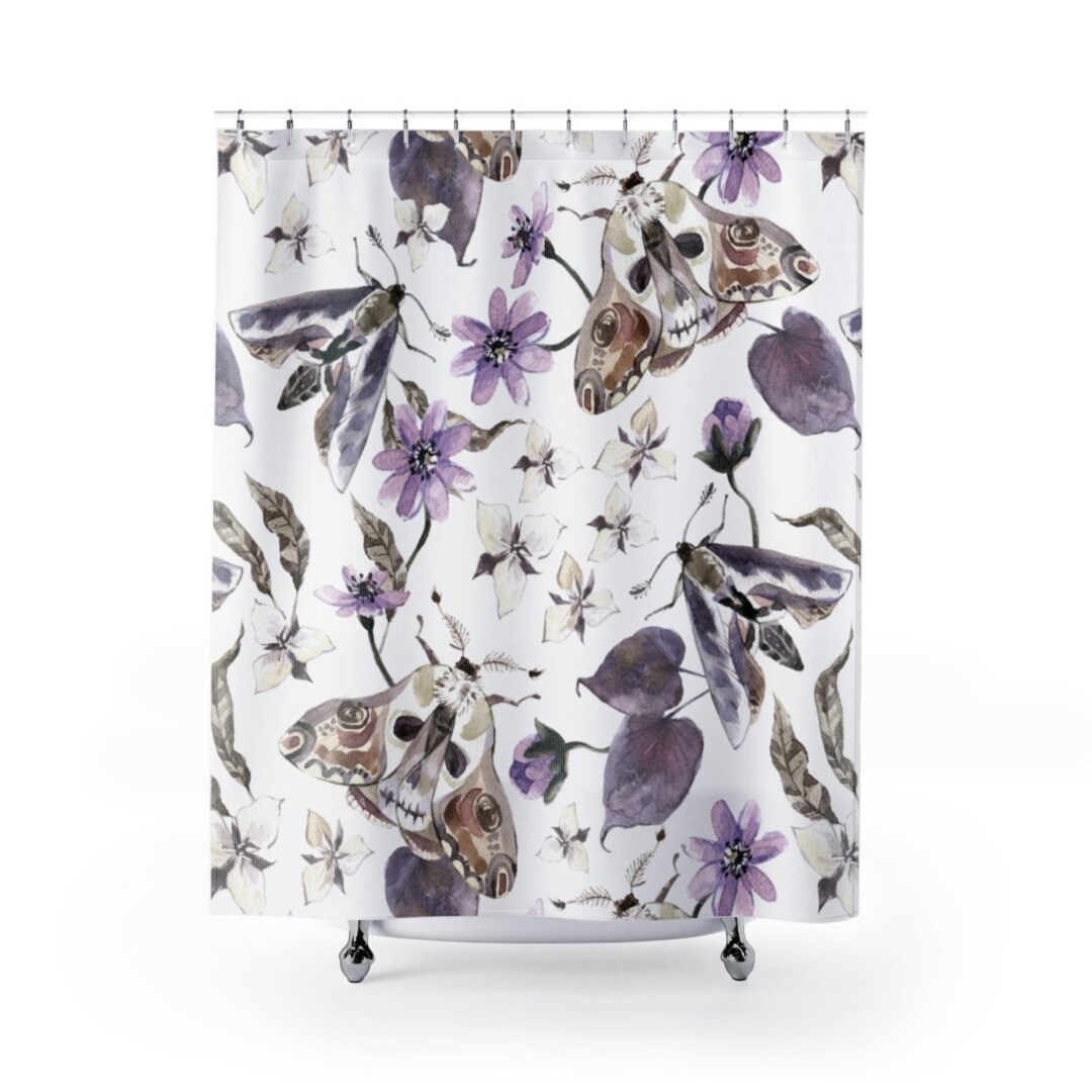 Moth Shower Curtain, Boho Shower Curtain, Purple Bathroom, Botanical ...