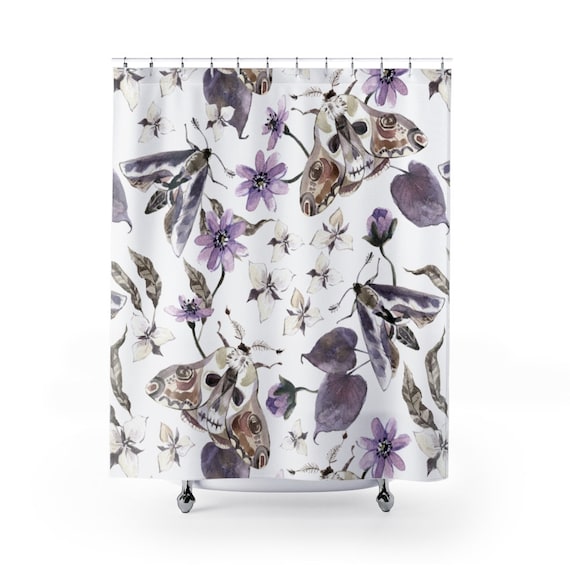 Moth Shower Curtain, Boho Shower Curtain, Purple Bathroom, Botanical Bathroom, Purple Flower, Watercolor Shower, Moth Decor, Purple Decor