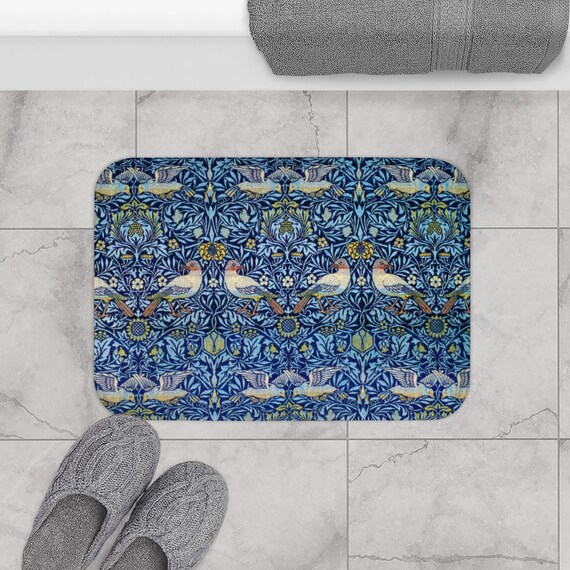 Blaue Badematte im William-Morris-Stil, von der Natur inspiriertes Blumenmuster (Kissen aus Memory-Schaum, rutschfeste Rückseite, maschinenwaschbar)