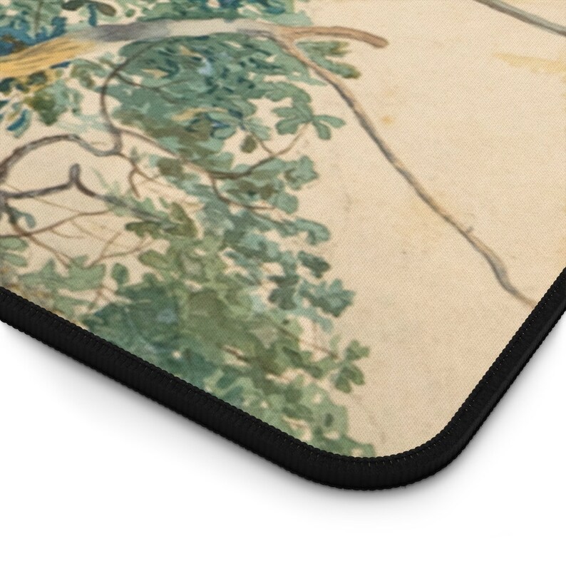 May include: A watercolor painting of a tree branch with green leaves against a light beige background. The painting has a soft, faded look, giving it a vintage feel.