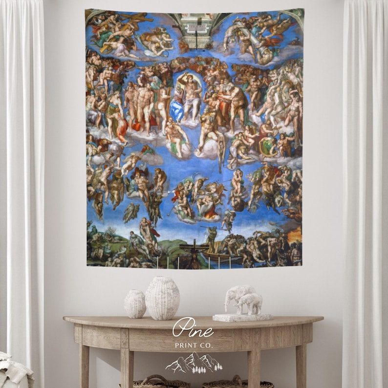 May include: A tapestry featuring a detailed painting of the Last Judgement by Michelangelo. The painting depicts a scene of heaven and hell, with figures ascending to heaven and others being cast down to hell. The tapestry is a vibrant blue with gold accents.