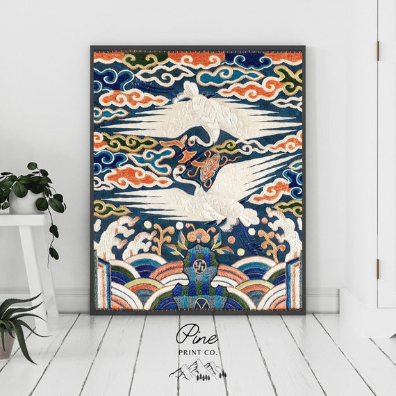 Crane Print, Chinese Wall Art, Crane Decor, Vintage Print, Crane Embroidery, Buddhist Art, Vintage Chinese, Crane Gift