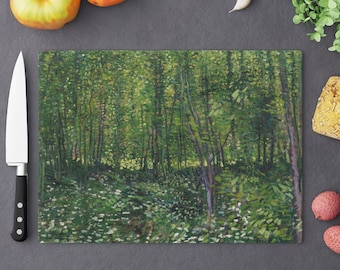 Green Cutting Board, Van Gogh Decor, Art Cutting Board, Glass Cutting Board, Van Gogh Painting, Forest Painting, Tree Decor, Green Kitchen