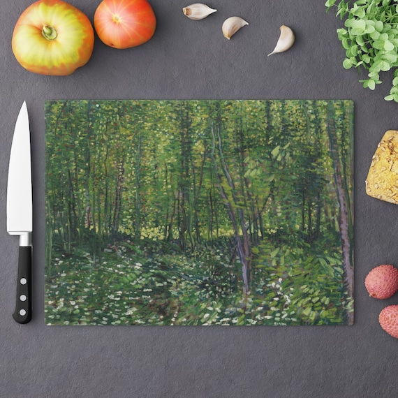 Green Cutting Board, Van Gogh Decor, Art Cutting Board, Glass Cutting Board, Van Gogh Painting, Forest Painting, Tree Decor, Green Kitchen