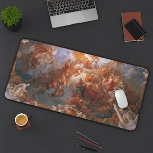 May include: A large, rectangular mousepad with a colorful, detailed painting of a ceiling fresco. The painting features figures in a sky with clouds and a golden chariot.