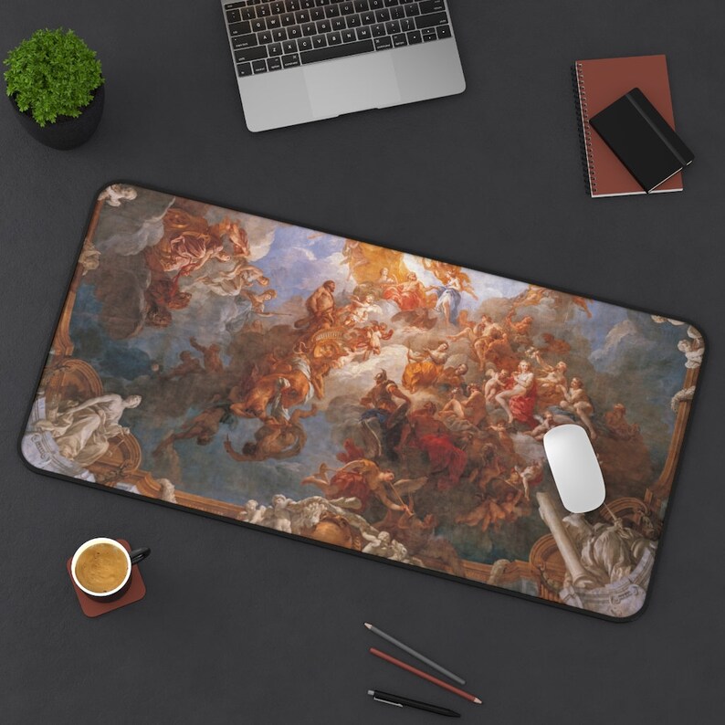 May include: A large, rectangular mousepad with a colorful, detailed painting of a ceiling fresco. The painting features figures in a sky with clouds and a golden chariot.