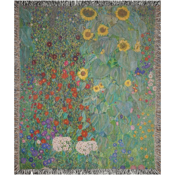 Green Woven Blanket, Art Blanket, Gustav Klimt, Klimt Blanket, Sunflower Blanket, Botanical Blanket, Garden Painting, Plant Blanket