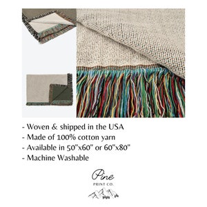 May include: A woven throw blanket with a multicolored fringe. The blanket is made of 100% cotton yarn and is available in two sizes: 50"x60" or 60"x80". It is machine washable.