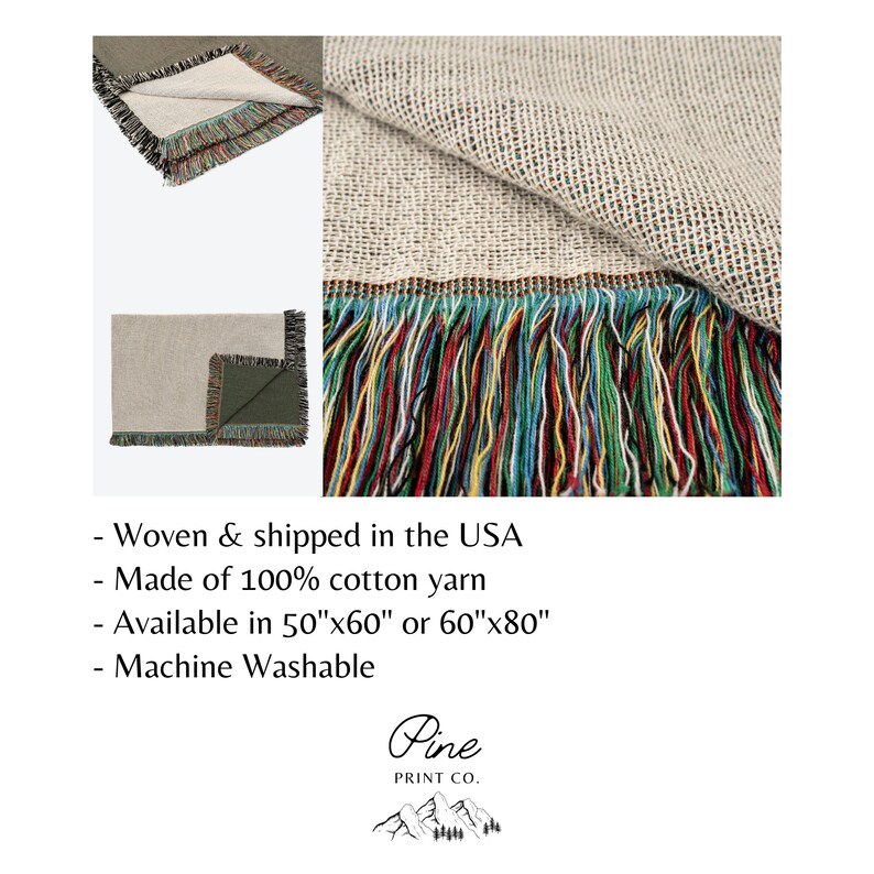 May include: A woven throw blanket with a multicolored fringe. The blanket is made of 100% cotton yarn and is available in two sizes: 50"x60" or 60"x80". It is machine washable.