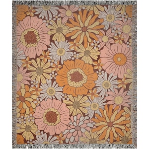 70s Flowers, Boho Woven Blanket, Floral Blanket, 70s Thow, Vintage Flowers, Retro Blanket, Floral Blanket, Vintage Blanket, 70s Blanket
