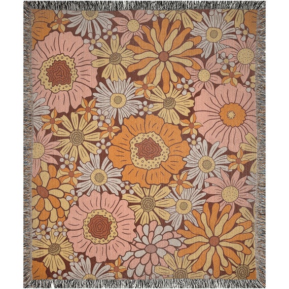 70s Flowers, Boho Woven Blanket, Floral Blanket, 70s Thow, Vintage Flowers, Retro Blanket, Floral Blanket, Vintage Blanket, 70s Blanket