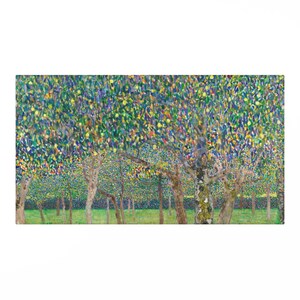 May include: A painting of a field of apple trees with green leaves and yellow apples. The trees are painted in a pointillist style, with small dots of color.