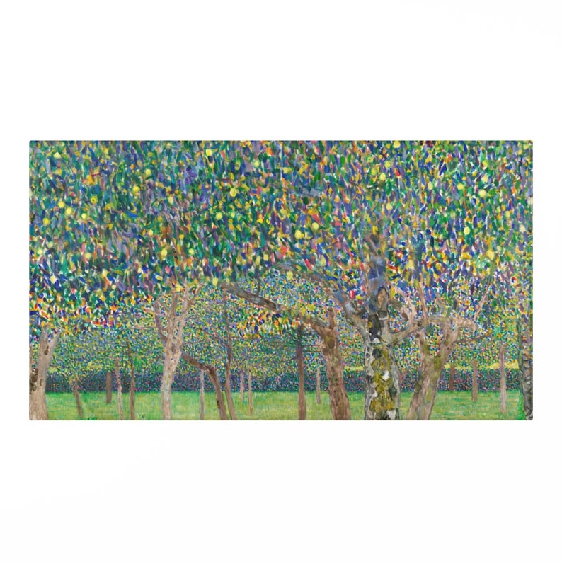 May include: A painting of a field of apple trees with green leaves and yellow apples. The trees are painted in a pointillist style, with small dots of color.