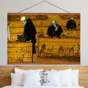 May include: A painting of three skeletons dressed in black robes tending to a garden. The garden is filled with flowers and plants in pots. The background is a yellow-brown color.