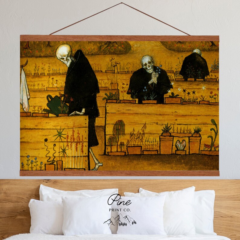 May include: A painting of three skeletons dressed in black robes tending to a garden. The garden is filled with flowers and plants in pots. The background is a yellow-brown color.