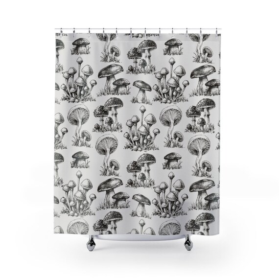 Mushroom Decor, Shower Curtain, Cottagecore Decor, Forest Shower Curtain, Mushroom Bathroom, White Shower Curtain, Vintage Nature,