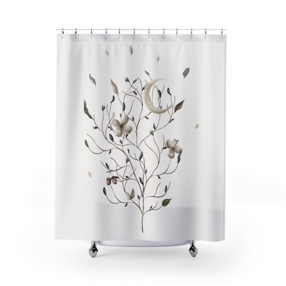 White Shower Curtain, Moon Shower Curtain, White Bathroom Decor, Botanical Bathroom, Boho Bathroom, Bohemian Shower, Simple Bathroom