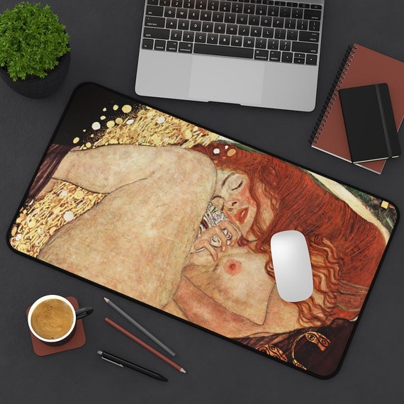 Boho Desk Mat, Art Mousepad, Gustav Klimt, Danae Painting, Gold Desk Mat, Woman Painting, Boho Office Decor, Gold Office Decor, Art Nouveau