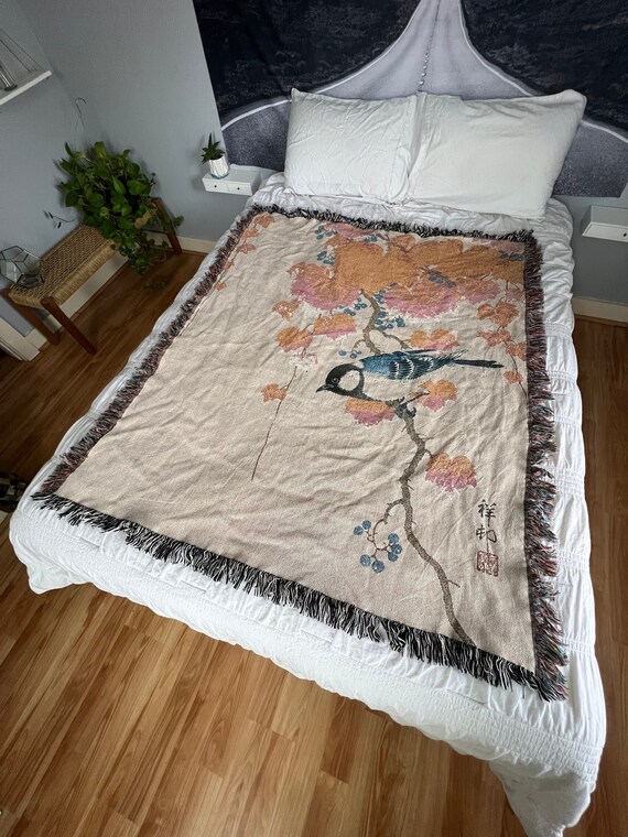 Fall Blanket, Woven Blanket, Bird Blanket, Maple Leaf, Japanese Blanket, Bluebird, Nature Blanket, Autumn Blanket, Fall Throw, Ohara Koson