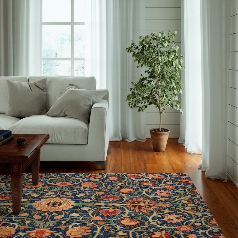 William Morris Rug: Orange Mandala Floral Vintage - Boho Style, Anti-Slip Backing, Indoor Outdoor Use 63" × 84"