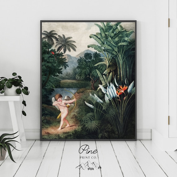 Cupid Print, The Temple of Flora, Vintage Botanical, Valentines Art, Plant Painting, Cupid Painting, Mythology Painting, Vintage Art