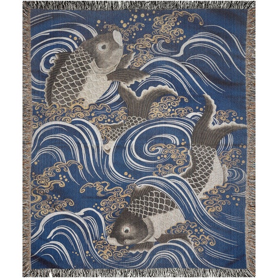 Japanese Blanket, Blue Woven Blanket, Koi Fish, Japanese Decor, Fish Blanket, Blue Throw, Japanese Tapestry, Oriental Blanket, Vintage Japan