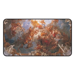 May include: A colorful painting depicting a scene from Greek mythology. The painting features a group of figures in the sky, surrounded by clouds and light. The figures are depicted in various poses, some flying, some standing, and some sitting. The painting is done in a realistic style, with detailed figures and a sense of depth.