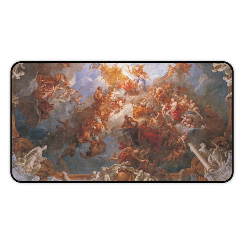 May include: A colorful painting depicting a scene from Greek mythology. The painting features a group of figures in the sky, surrounded by clouds and light. The figures are depicted in various poses, some flying, some standing, and some sitting. The painting is done in a realistic style, with detailed figures and a sense of depth.