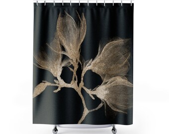 Gold Shower Curtain, Gold Bathroom, Black Bathroom, Golden Shower Curtain, Black Shower Curtain, Gold Bathroom Decor, Black Flower Decor