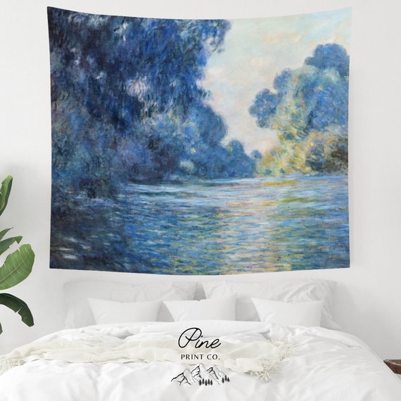 Monet Tapestry, Blue Tapestry, Landscape Tapestry, Oil Painting, Art Tapestry, Blue Wall Hanging, Tree Decor, Fine Art, Nature Tapestry