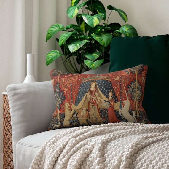 Medieval Pillow, Red Throw Pillow, Unicorn Pillow, Lady and the Unicorn, 15th Century Art, Medieval Painting, Lumbar Pillow, Medieval Decor