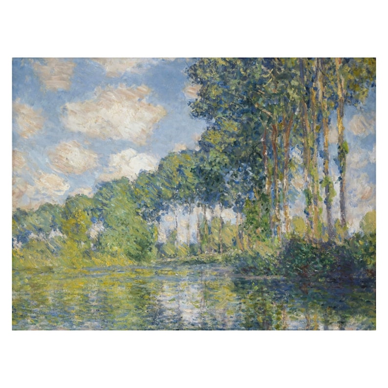 May include: A painting of a river scene with a line of trees along the bank. The trees are green and the water is blue and green. The sky is blue with white clouds.