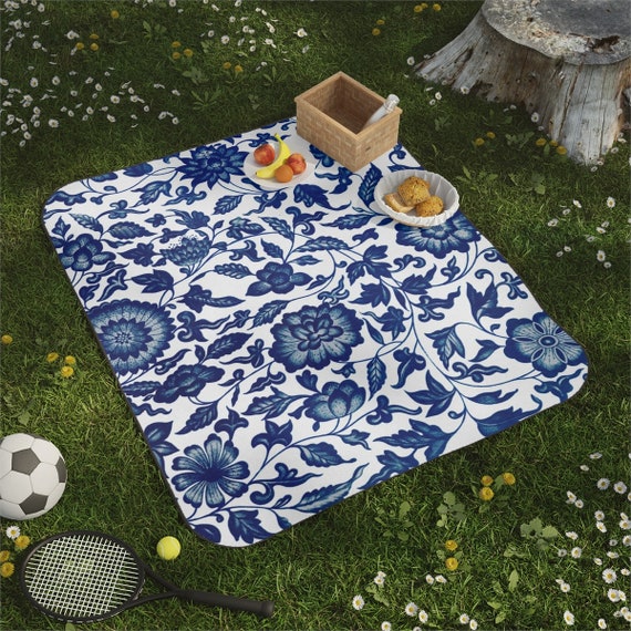 Blue Picnic Blanket, Floral Picnic Blanket, Blue Beach Blanket, Picnic Blanket, Carry Strap, Water Resistant Blanket, Blue Floral Blanket