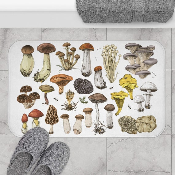 Mushroom Bath Mat, Foam Bath Mat, Boho Bath Mat, Mushroom Decor, Mushroom Gift, Botanical Bath Mat, Mushroom Illustration, Vintage Bathroom