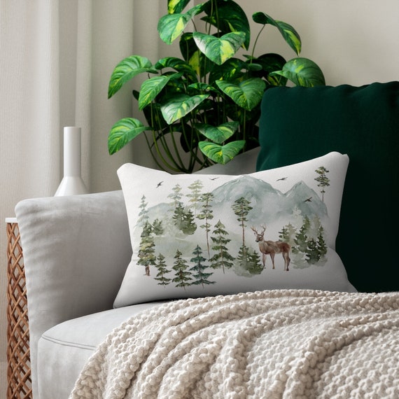 Forest Pillow, Deer Decor, Forest Decor, Nature Watercolor, Green Pillow, Forest Throw Pillow, Pine Tree Pillow, Mountain Pillow