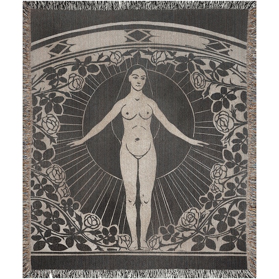 Black Woven Blanket, Nude Woman, Boho Blanket, Nude Tapestry, Vintage Blanket, Woman Bedding, Black Boho Decor, Floral Blanket, Art Nouveau