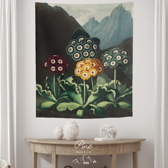 Floral Tapestry, Robert John Thornton, Temple of Flora, Botanical Tapestry, Vintage Tapestry, Floral Wall Hanging, Vintage Flowers, Auricula